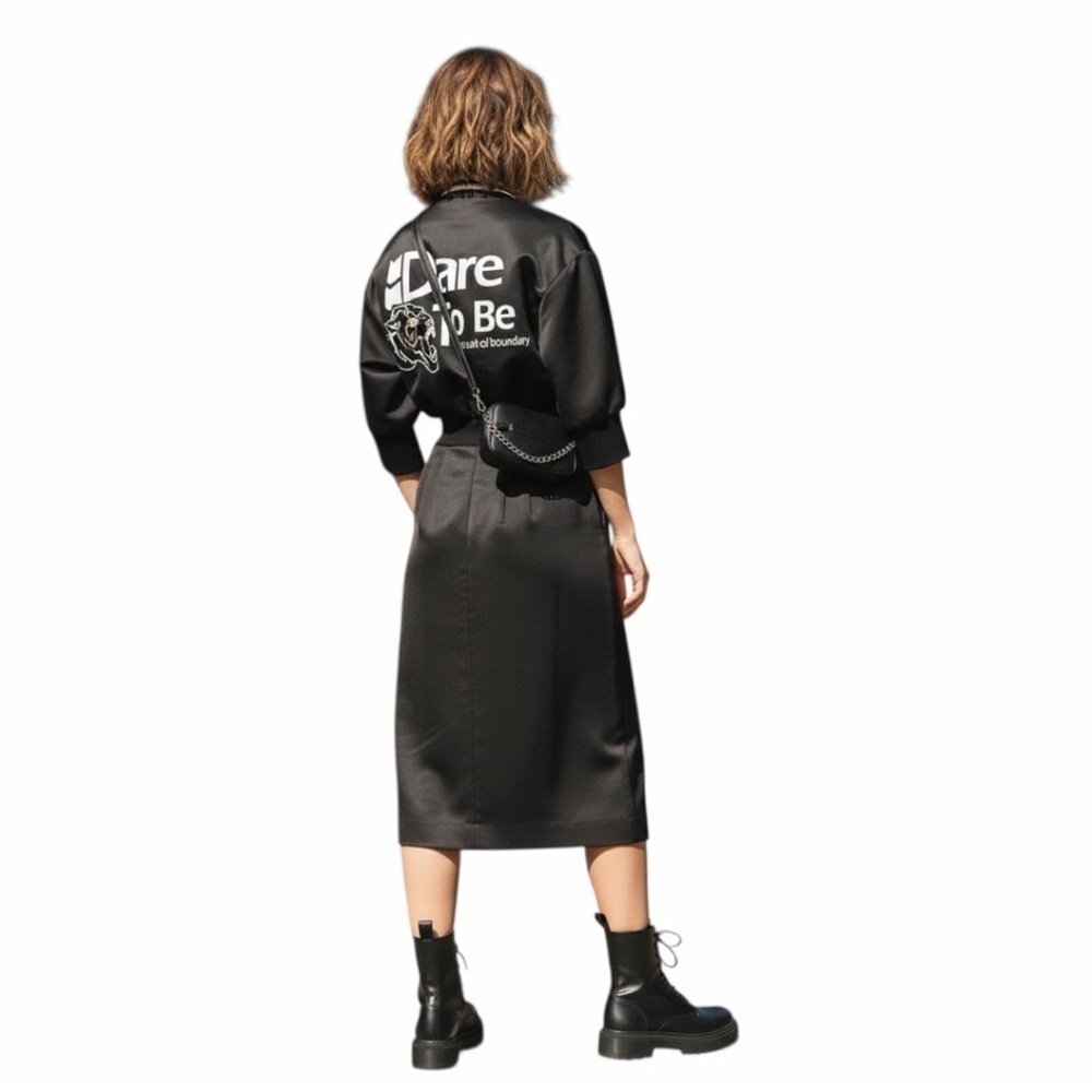 MO&Co. NWT Black Varsity Midi Dress Tiger Graphic Dare To Be Zip Front Size M - Picture 8 of 14